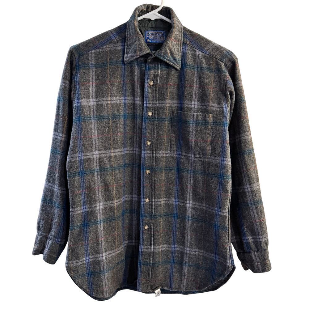 Pendleton Gray Plaid Wool Button-Down Shirt with Blue Accents